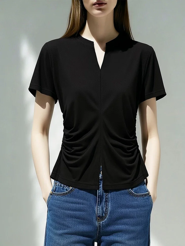 Amii ポンチニット シザーVネック 半袖Tシャツ