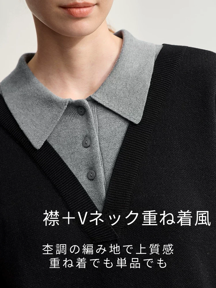 Amii ウール混 重ね着風 衿付きVネックニット