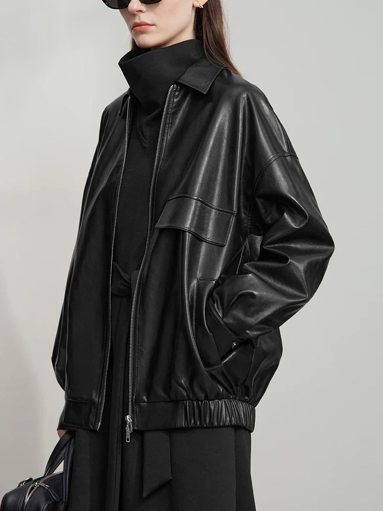 Amii PUレザー ジップ ドロップショルダー ジャケット