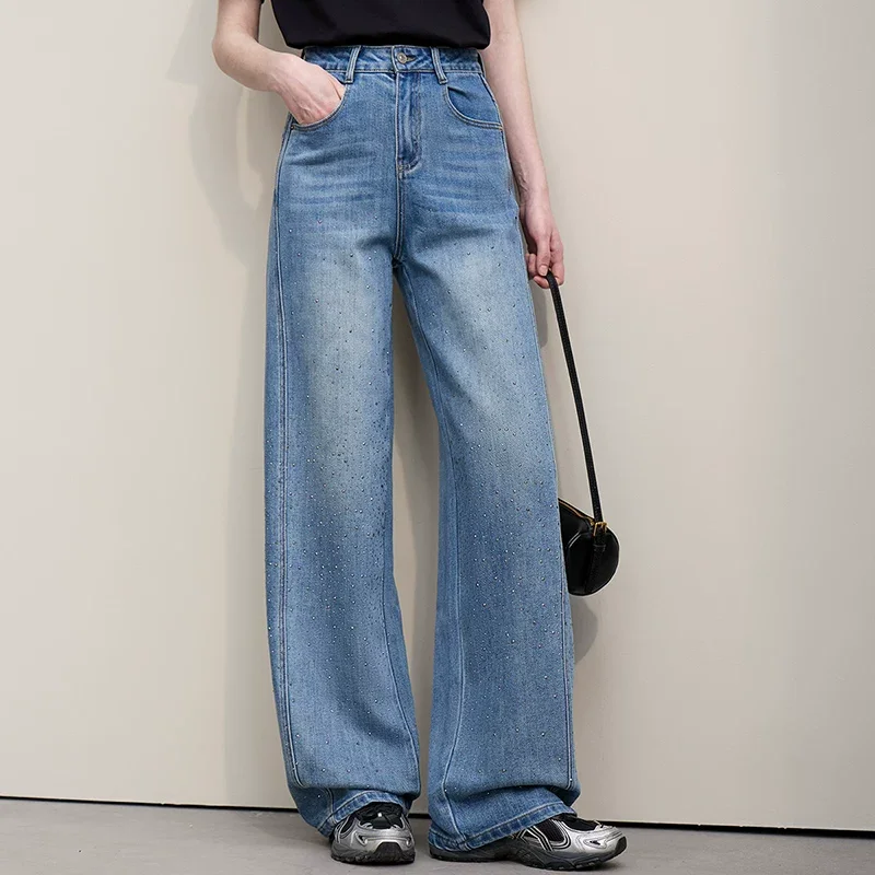 Amii ラインストーン ワイド ストレート デニムパンツ