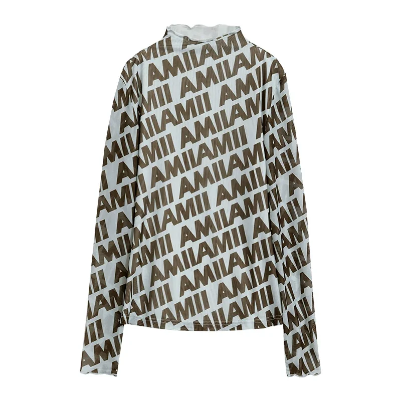 Amii メッシュ プリント ハイネック 長袖Tシャツ
