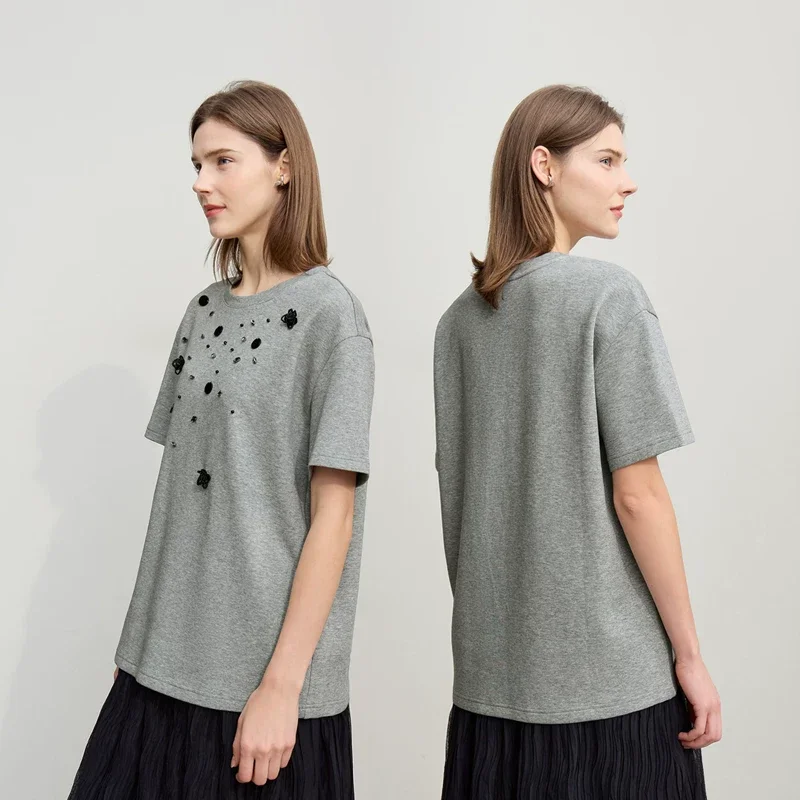 Amii 立体ビーズ花飾り クルーネック 半袖Tシャツ