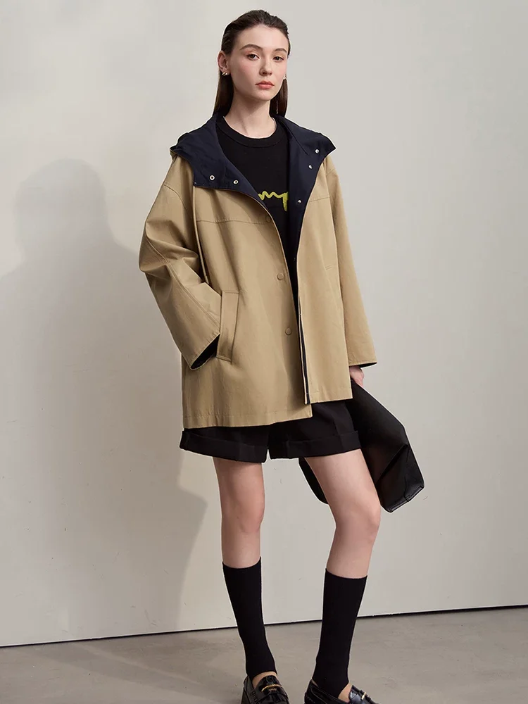 Amii フード付き 配色 ミディ トレンチコート