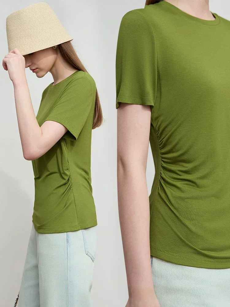 Amii モダールコットン ギャザー 半袖Tシャツ