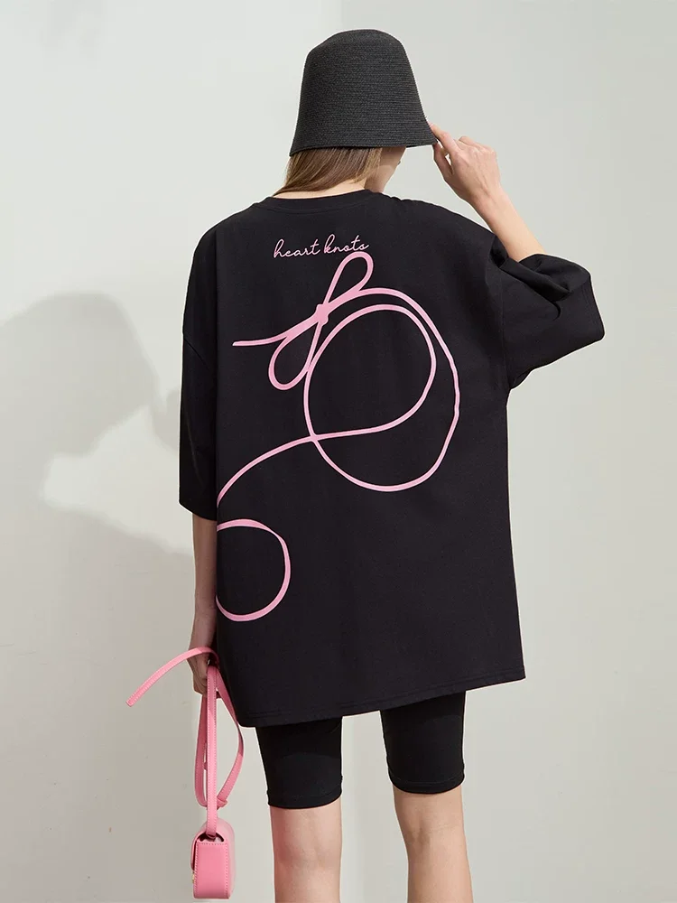 Amii レター リボン プリント コットン ミディTシャツ