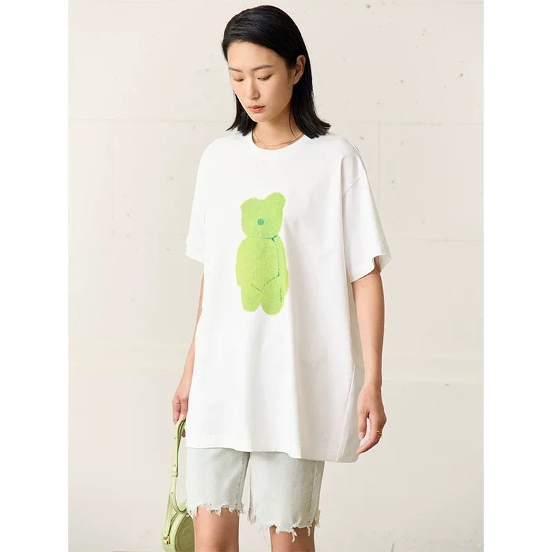 Amii ベアプリント ヒアルロン酸加工 ミドル丈Tシャツ