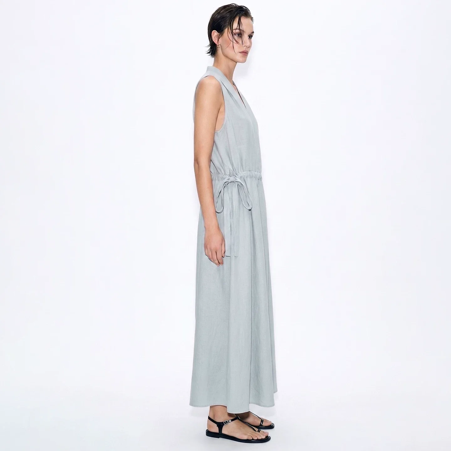 Amii リネンコットン Vネック Aライン ワンピース