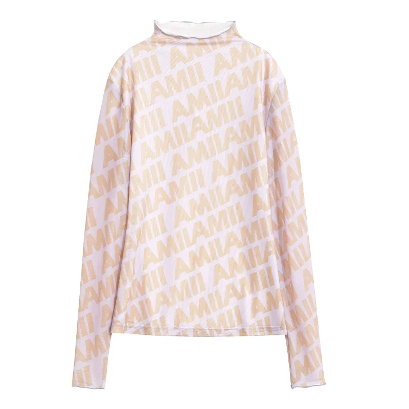 Amii メッシュ プリント ハイネック 長袖Tシャツ