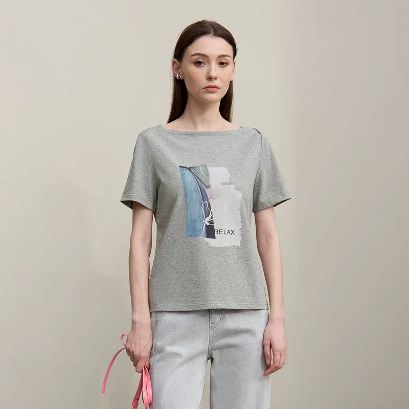 Amii 抽象プリント ボートネック半袖Tシャツ
