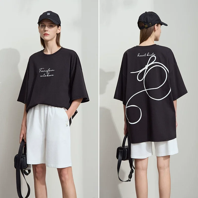 Amii レター リボン プリント コットン ミディTシャツ