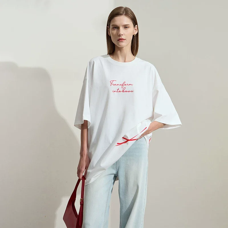 Amii レター リボン プリント コットン ミディTシャツ