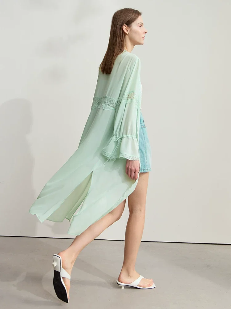 Amii 調節リボン レース切替 ロングシフォンブラウス