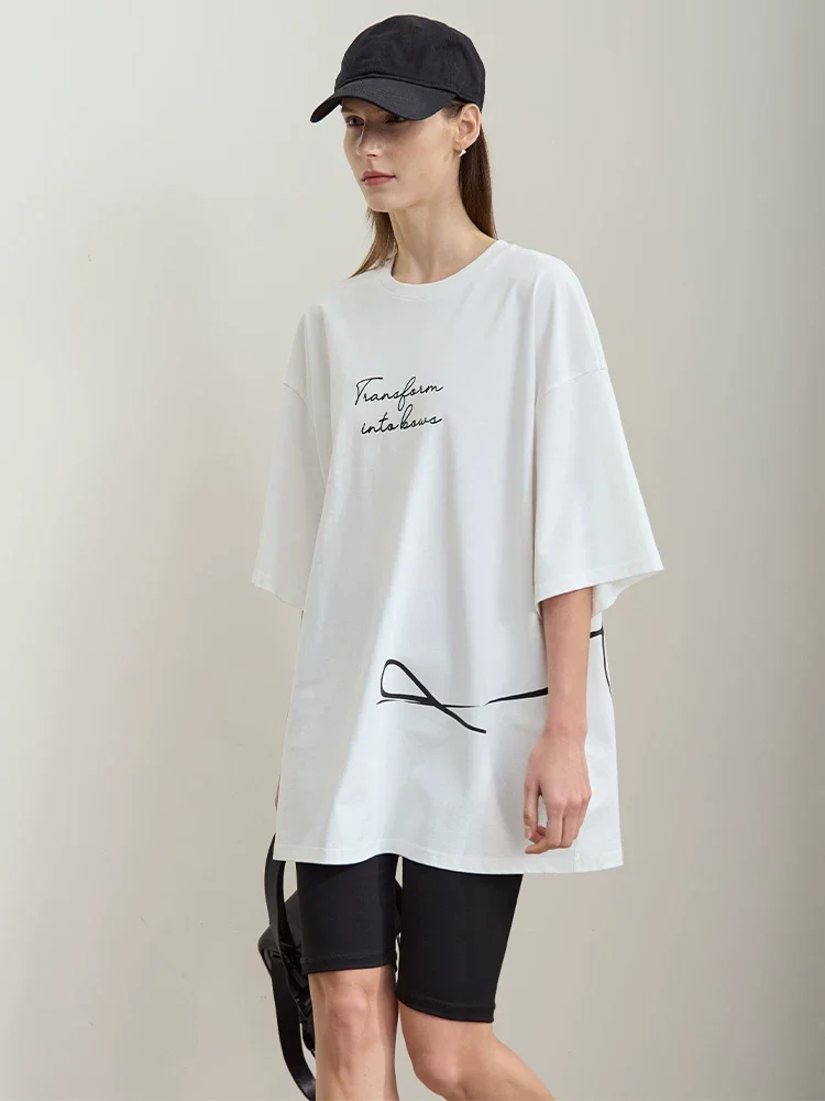 Amii レター リボン プリント コットン ミディTシャツ