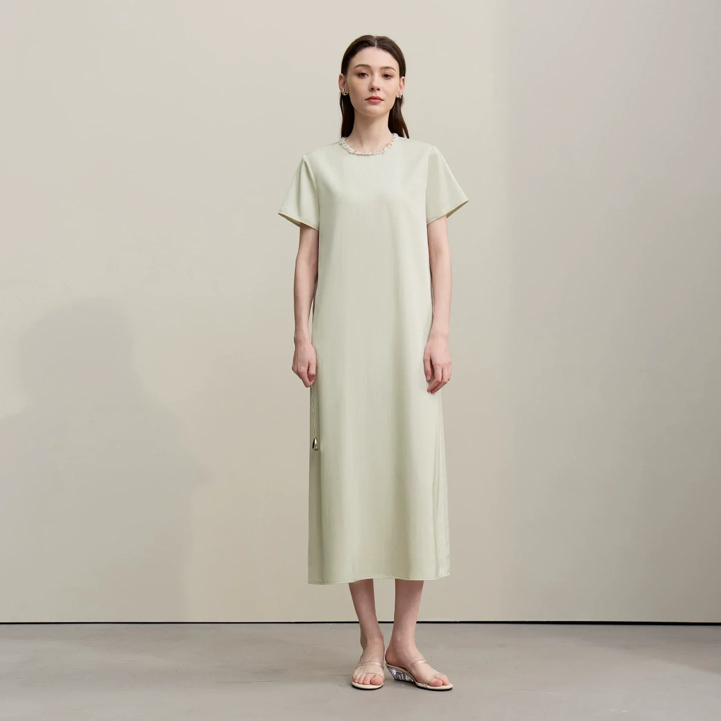 Amii リネン 半袖 Aライン ロングワンピース