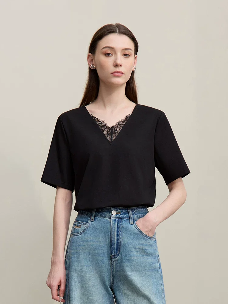 Amii シルケットコットン レース Vネック Tシャツ