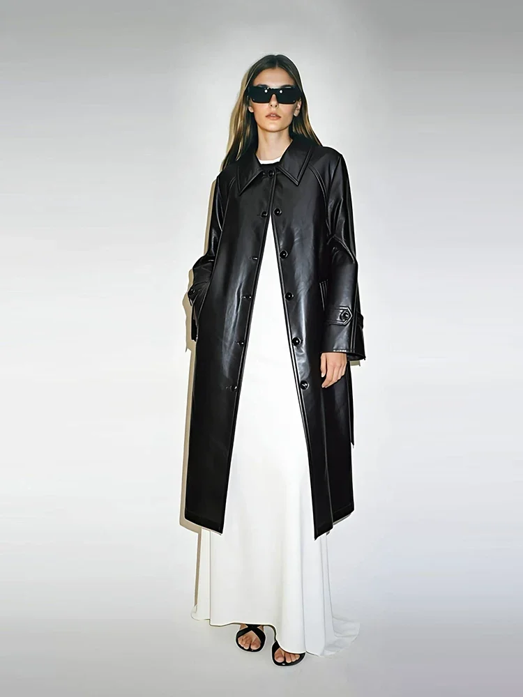 Amii PUレザー 取り外しベルト ロング ダウンコート