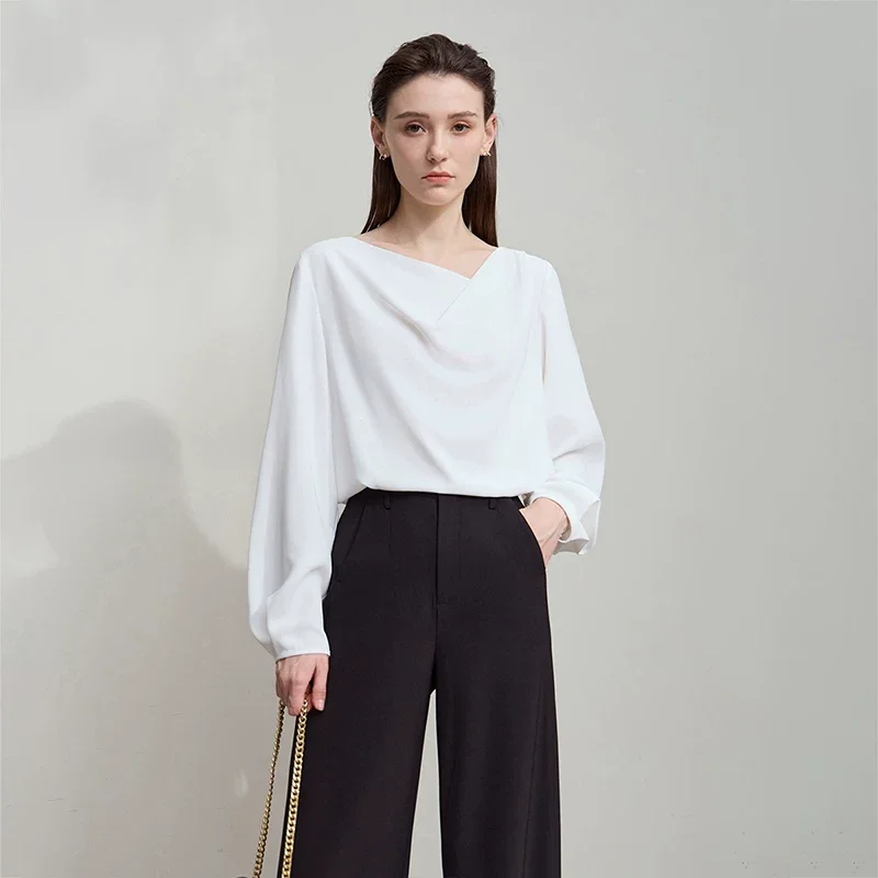 Amii ドレープネック 長袖シフォンブラウス