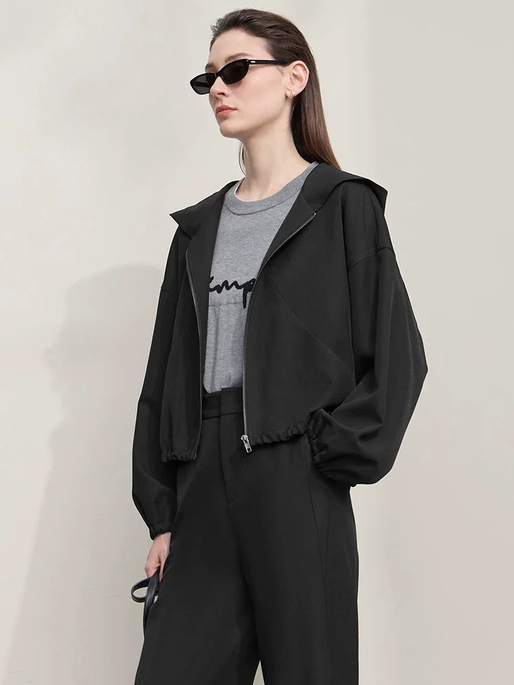 Amii フード付き ジップ ショートジャケット