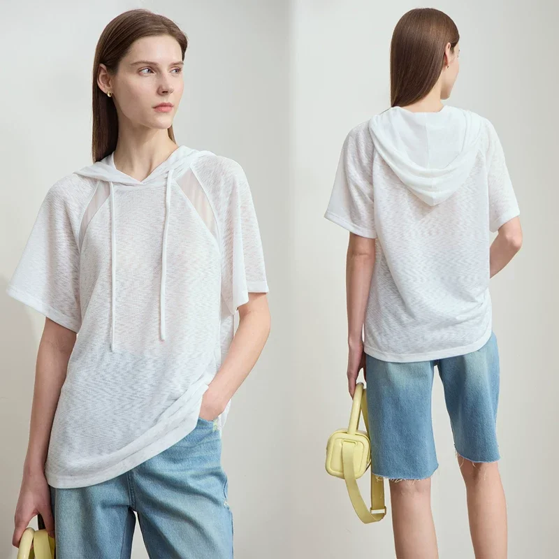 Amii メッシュ切り替え フード 半袖Tシャツ