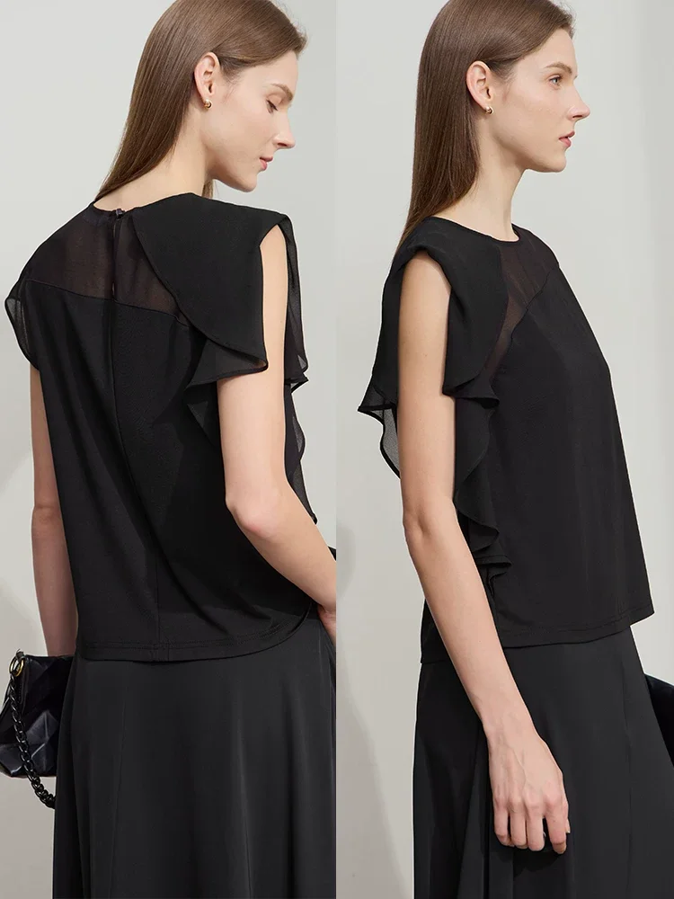 Amii フリル シフォン切替 アシンメトリー Tシャツ