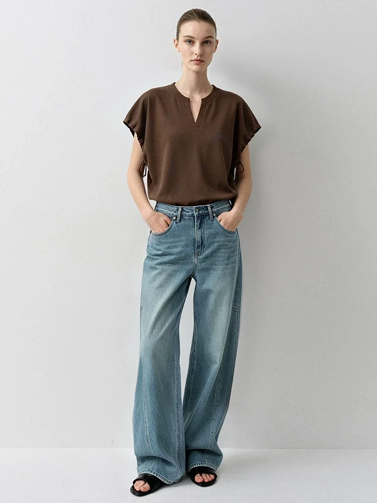 Amii Vネック アジャスター袖 ストレッチTシャツ
