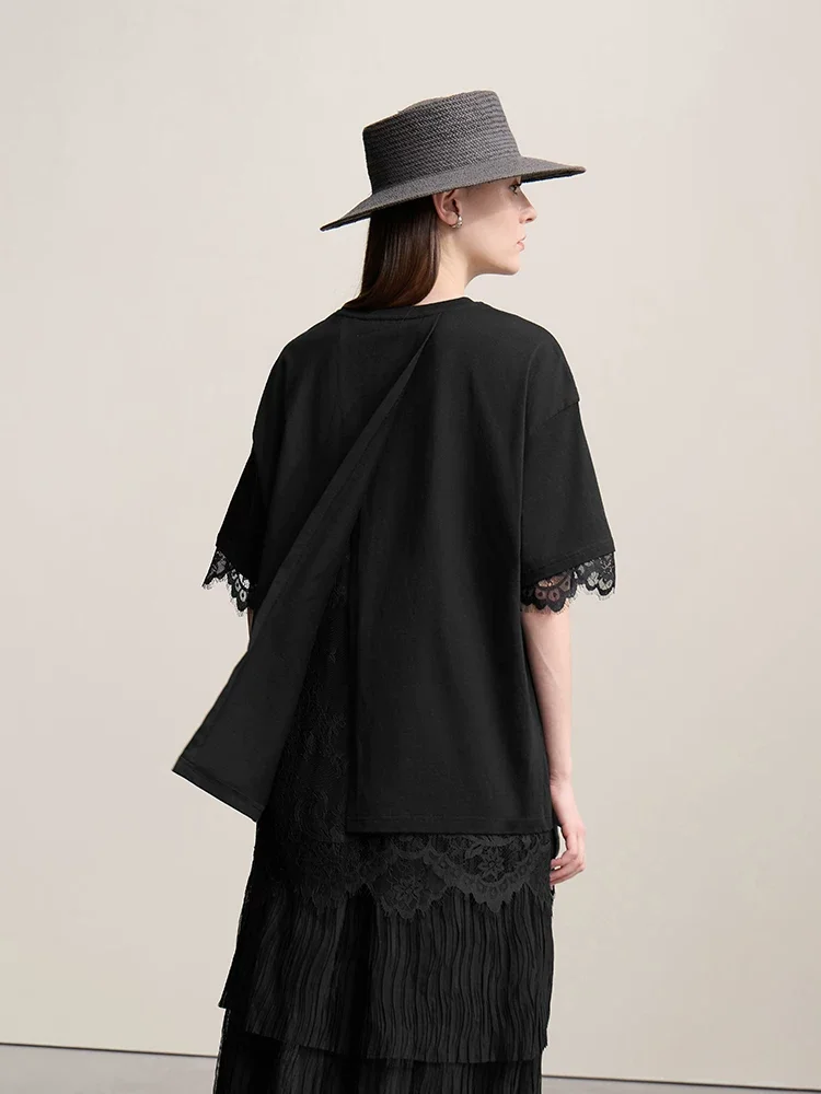 Amii コットン レース切替 スリットTシャツ