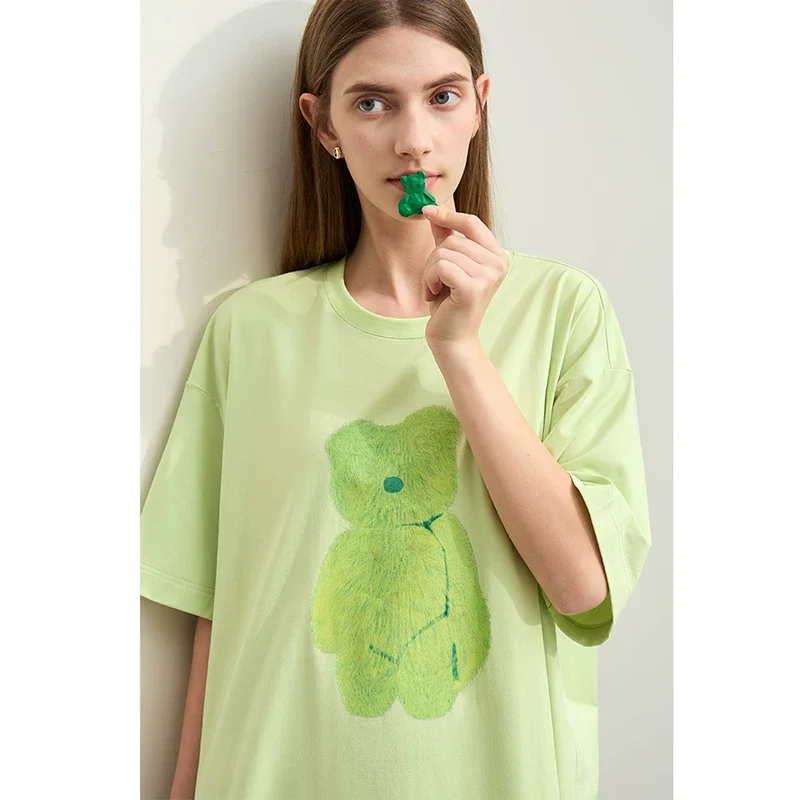 Amii ベアプリント ヒアルロン酸加工 ミドル丈Tシャツ