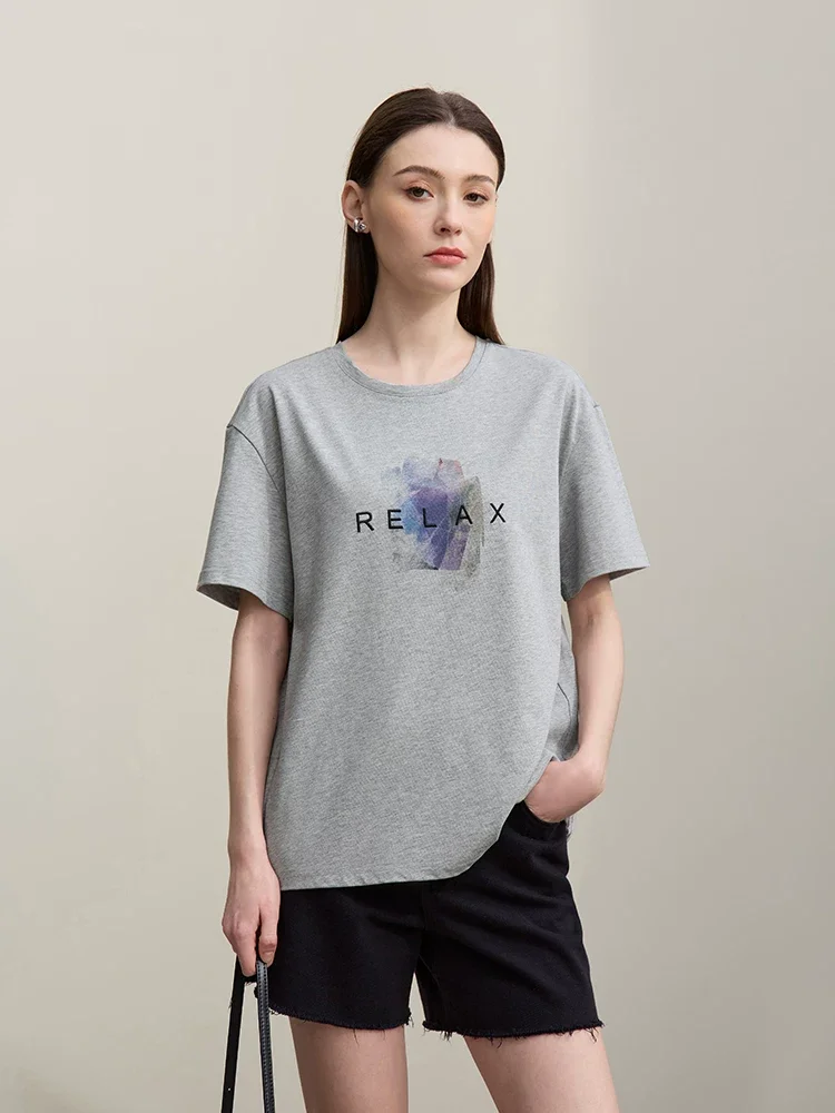 Amii コットン 刺繍 抽象プリント 接触冷感Tシャツ