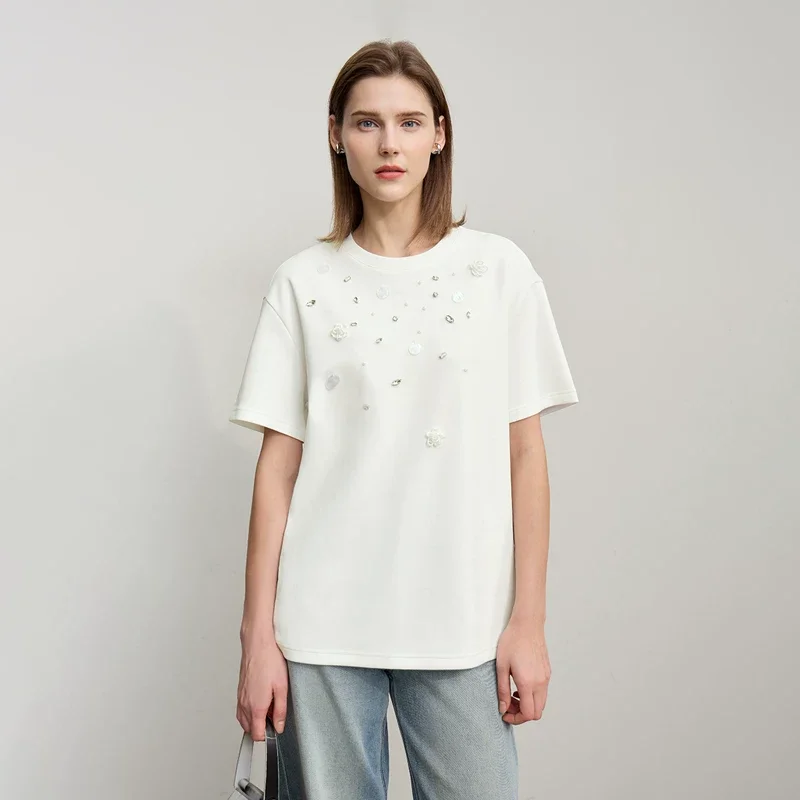 Amii 立体ビーズ花飾り クルーネック 半袖Tシャツ