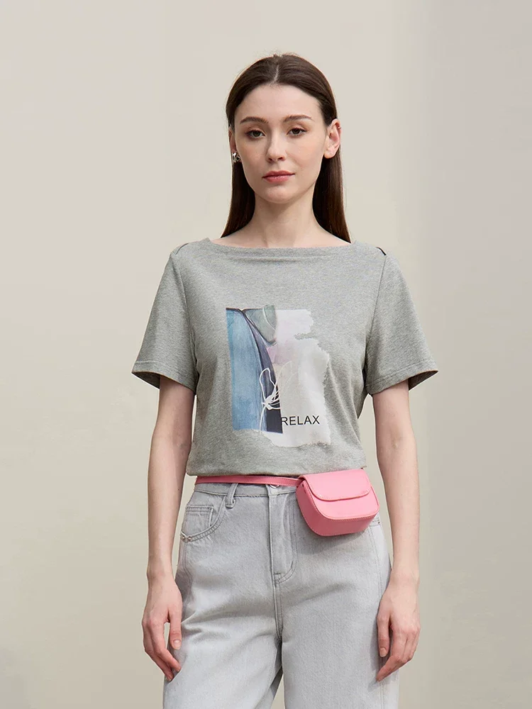 Amii 抽象プリント ボートネック半袖Tシャツ