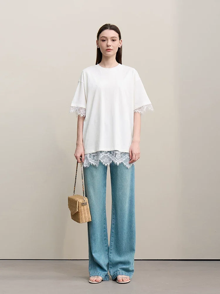 Amii コットン レース切替 スリットTシャツ