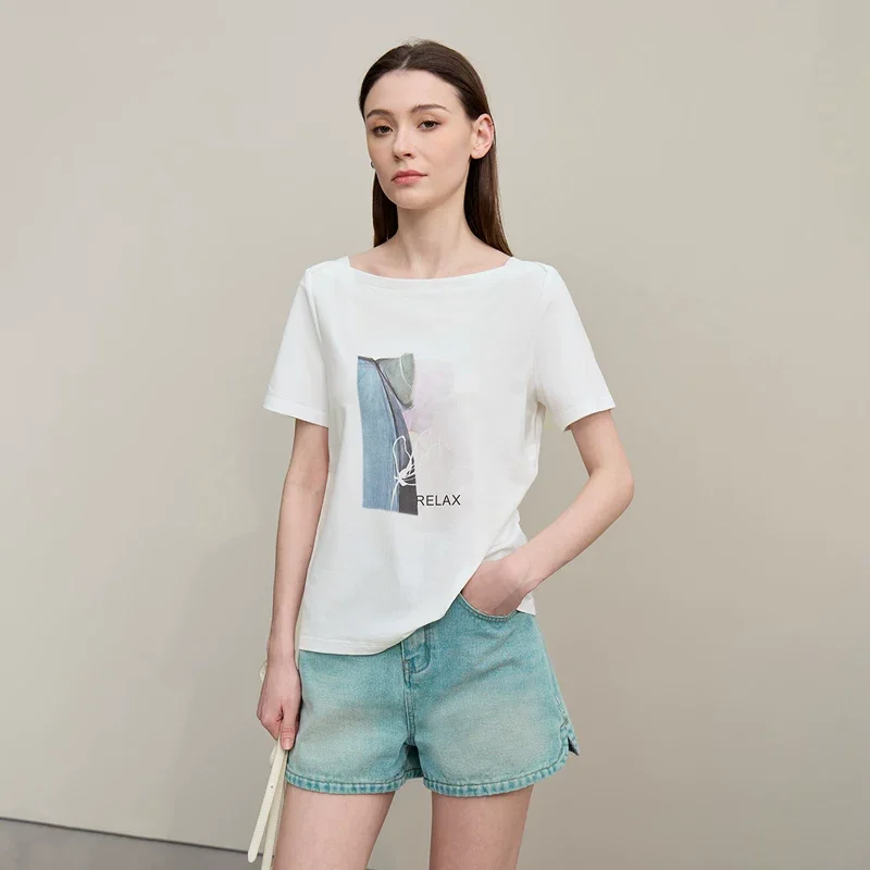 Amii 抽象プリント ボートネック半袖Tシャツ