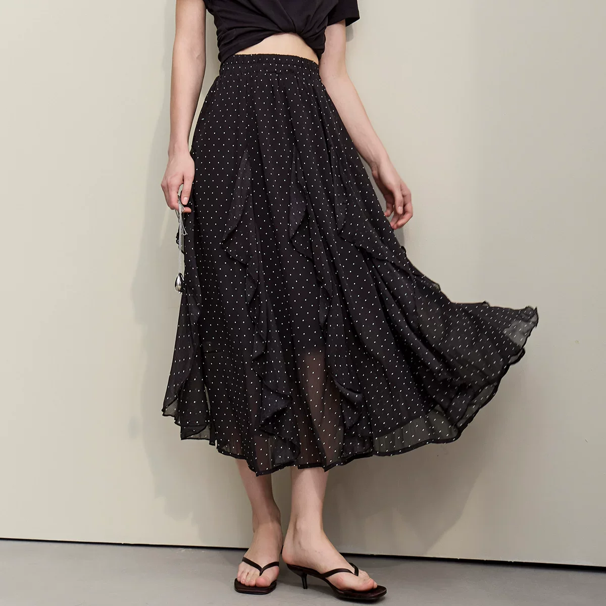 Amii シフォン レイヤード Aライン ロングスカート
