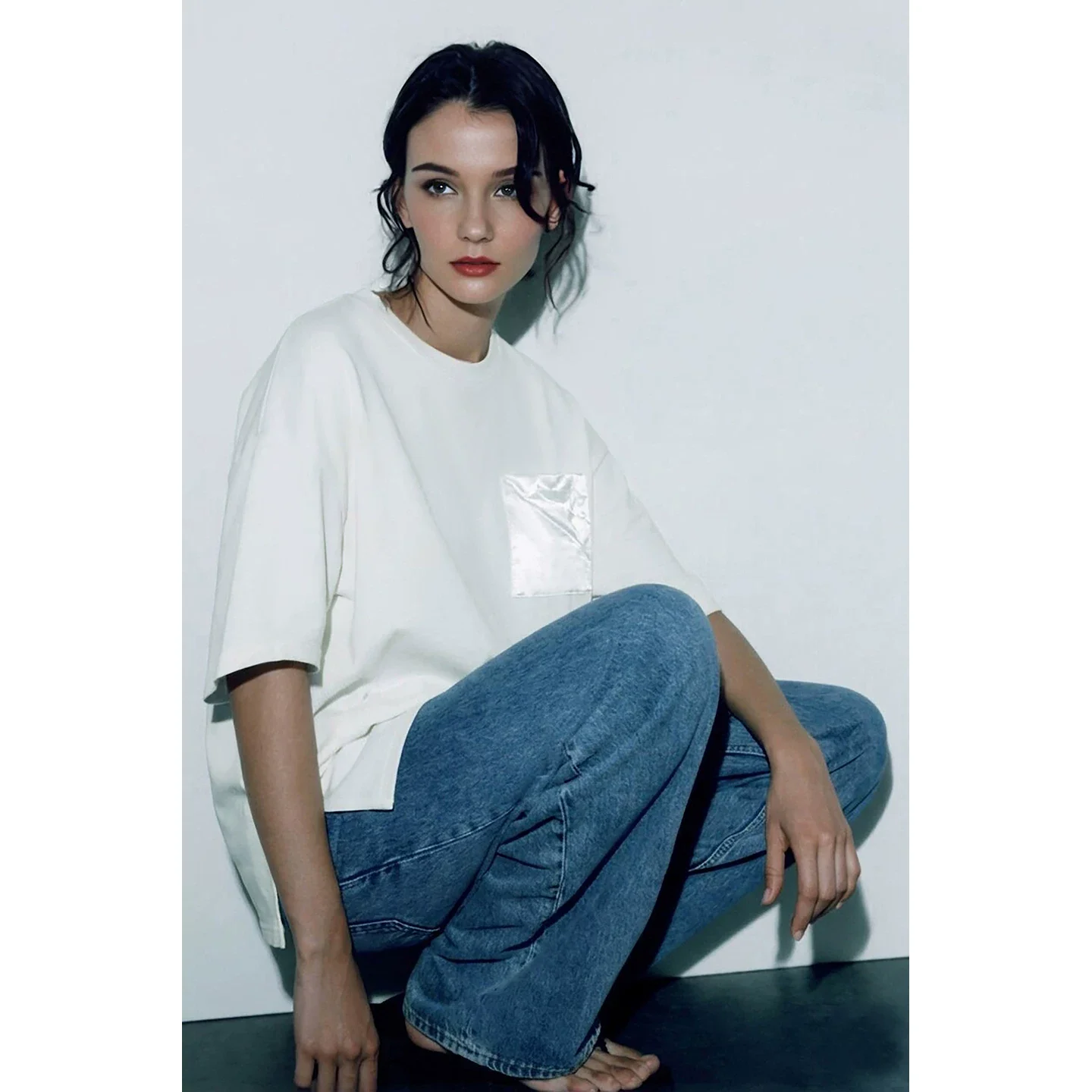 Amii 折り紙ローズ サテンポケット コクーンTシャツ