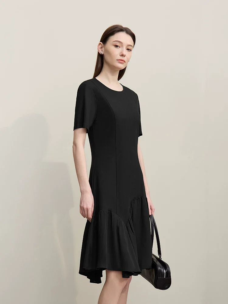 Amii 異素材切替 シフォン 半袖 スリムワンピース