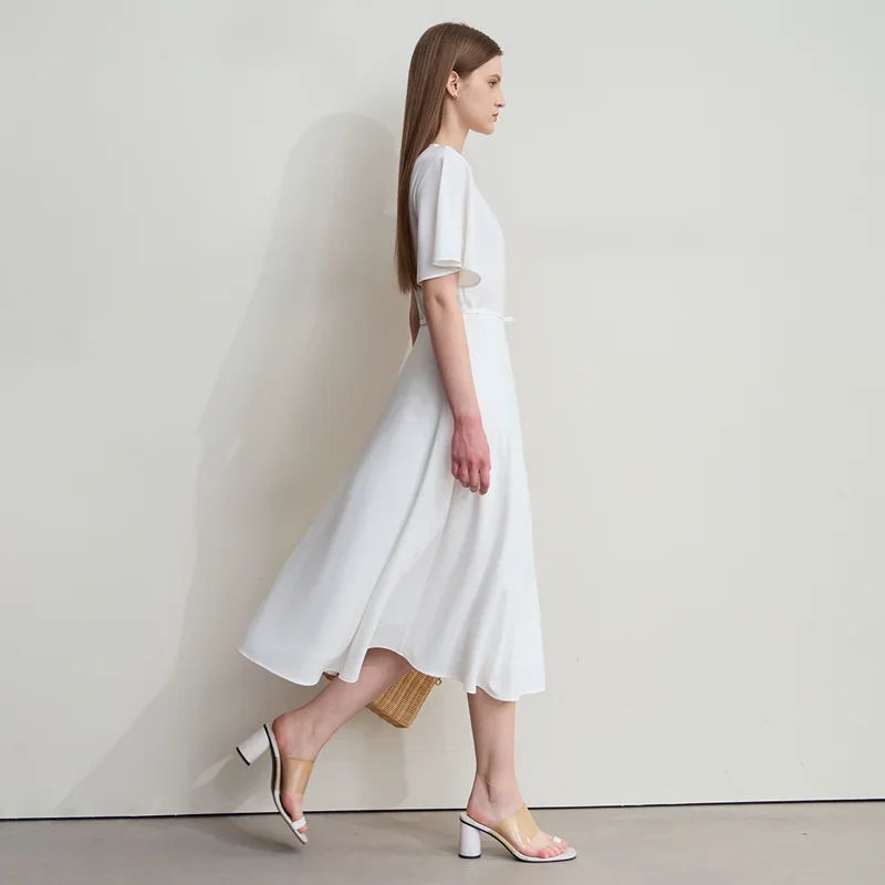Amii アシンメトリー袖 シフォン ロングワンピース