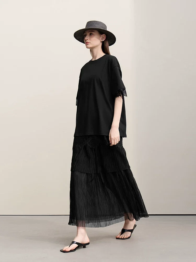 Amii コットン レース切替 スリットTシャツ