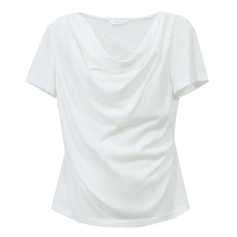 Amii まつげレース切替 ドレープネック 半袖Tシャツ