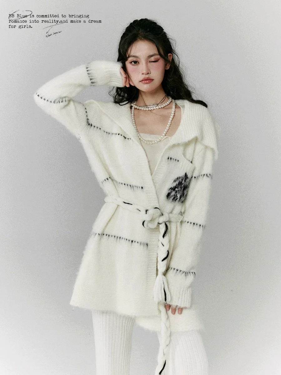 BB BLUE 大きな襟 編みベルト付き モヘア混 ニットカーディガン｜商品写真