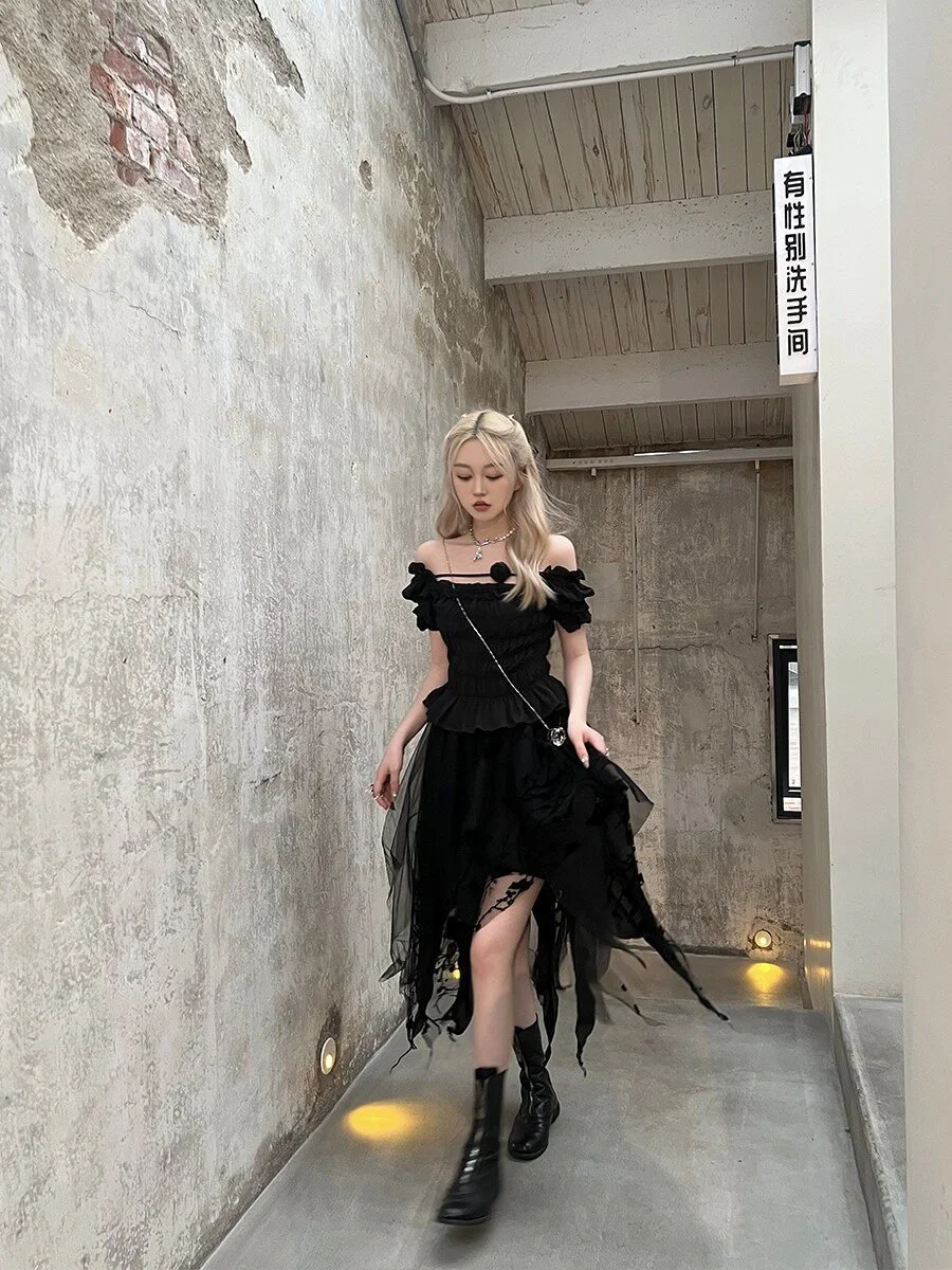 BB BLUE オフショルダー パフスリーブ レース ストレッチトップス｜商品写真