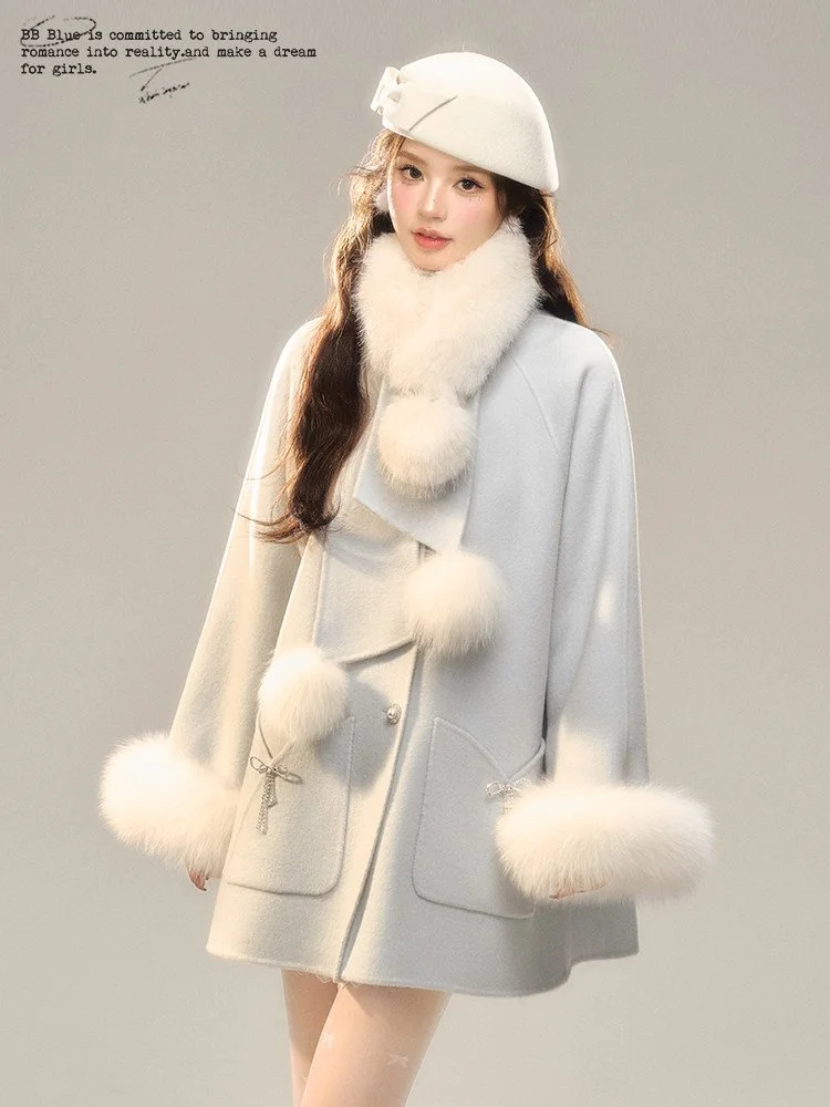 BB BLUE マフラー付き ウール ダブルフェイスコート 毛皮（フォックス）袖口｜商品写真