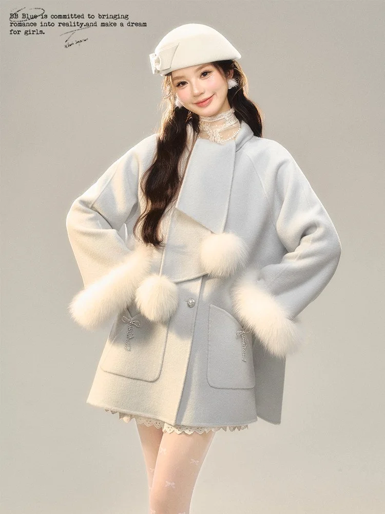 BB BLUE マフラー付き ウール ダブルフェイスコート 毛皮（フォックス）袖口｜商品写真