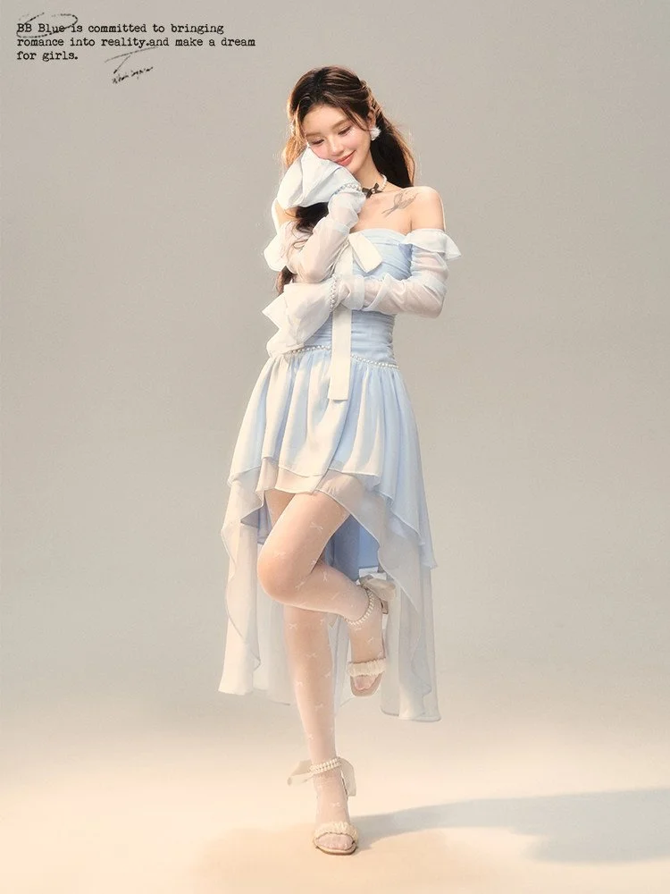 BB BLUE オフショルダー リボン シフォン ロングワンピース｜商品写真