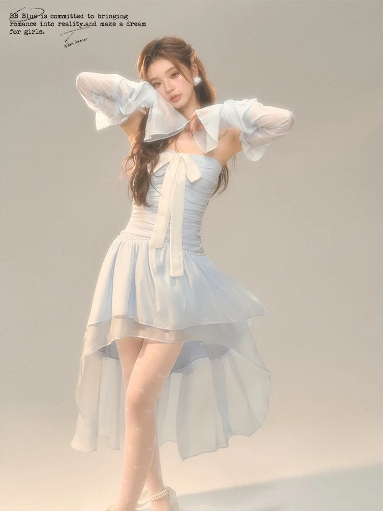 BB BLUE オフショルダー リボン シフォン ロングワンピース｜商品写真