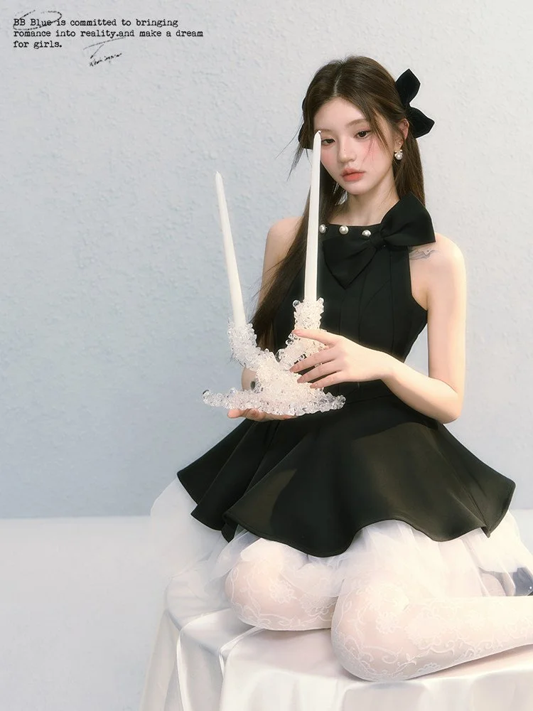 BB BLUE 丸首 リボン ノースリーブ Aラインワンピース｜商品写真