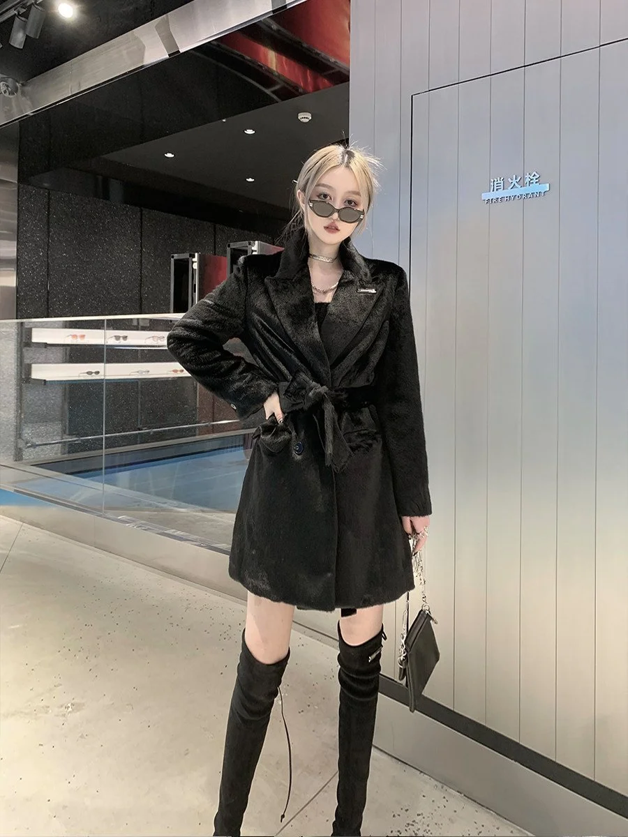 BB BLUE ミンク調 エコファー コート ベルト付き｜商品写真