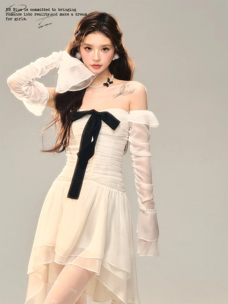 BB BLUE オフショルダー リボン シフォン ロングワンピース｜商品写真
