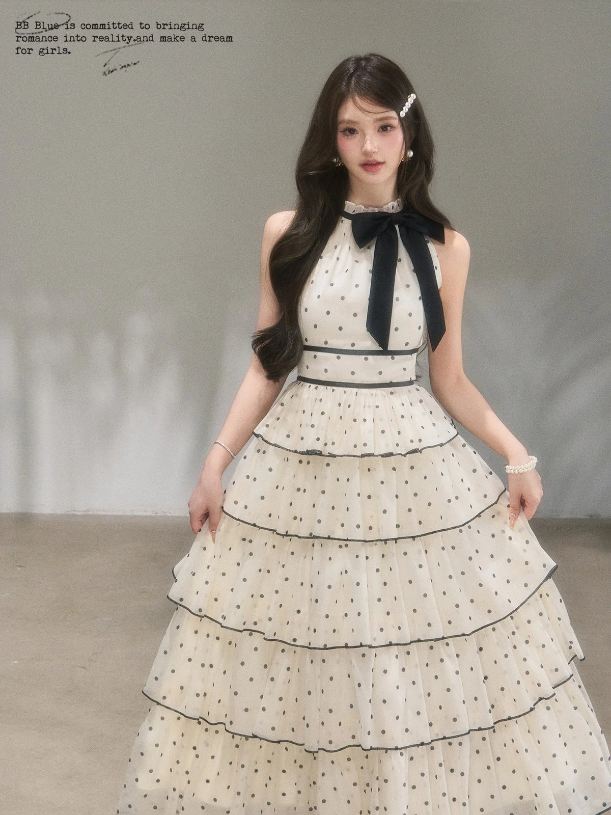 BB BLUE ドット柄 シフォン ティアード ロングワンピース｜商品写真