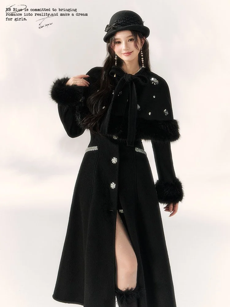 BB BLUE ビーズ装飾 ケープ ウール混 コート｜商品写真