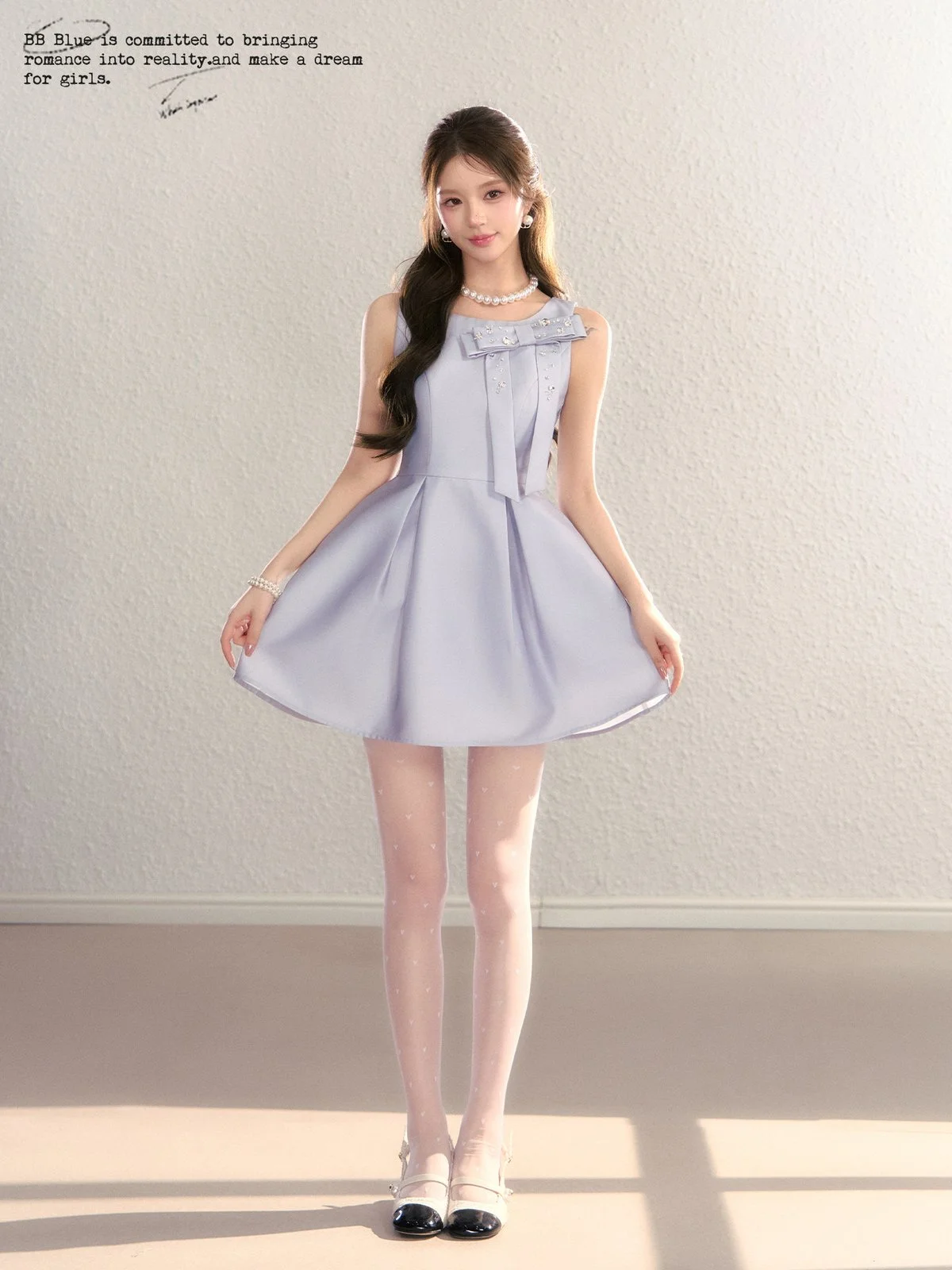 BB BLUE スクエアネック Aライン ノースリーブワンピース ブルー｜商品写真